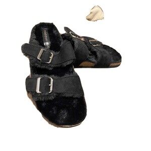 Madden Girl Butterfly Slide Sandals Women‎ 10 Black Excellent Faux Fur Buckle